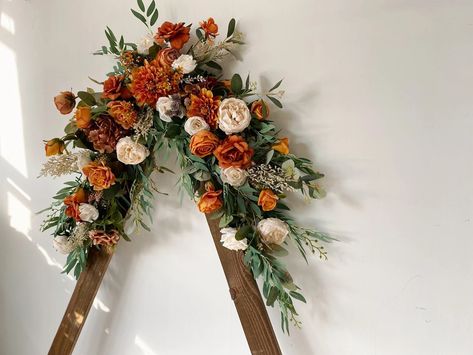 Burnt Orange Wedding Arch Flowers, Fall Wedding Arch Flowers, Rustic Wedding Arch Flowers, Triangle Arch Flowers, Rust Wedding Arch Flowers - Etsy Australia Triangle Arch Flowers, Burnt Orange Wedding Arch, Burnt Orange And Emerald Green Wedding, Sage Green And Burnt Orange Wedding, Rust Wedding Arch, Burnt Orange And Sage Green Wedding, Orange Wedding Arch, Fall Ceremony Arch, Rust And Sage Wedding