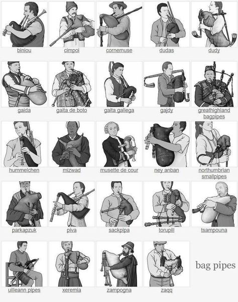 Just some of the Bagpipes from around the world. Scottish Pipe Band, Bagpipe Music, Celtic Ireland, Scottish Bagpipes, Scottish Music, Wind Instruments, Great Scot, Scotland Forever, Grayscale Image