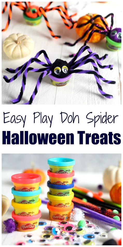 Super easy Non Candy Halloween Treats! Play Doh Spiders are perfect for Halloween Party Favors, Allergy Friendly Halloween Treats and more. | @suburbansoapbox #halloweentreats #noncandyhalloweentreats #nonfoodhalloweentreats #easyHalloweentreats #halloweentreatsforkids Halloween Treat Bag For Students, Play Doh Spiders, Halloween Class Treats Preschool, Halloween Treat For Preschoolers, Toddler Halloween Treats Non Candy, Halloween Preschool Treats Bags, Halloween Treat Bags For Kindergarteners, Halloween School Favors, Halloween Gift Bags For Kids No Candy