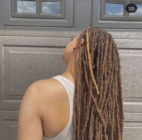 Shades Of Brown Locs, Ash Brown Locs, Brown Locs With Blonde Highlights, Long Locs Aesthetic, Blonde Tip Locs, Sandy Brown Locs, Highlighted Locs, Blonde Dreads Black Women, Light Brown Locs Black Women