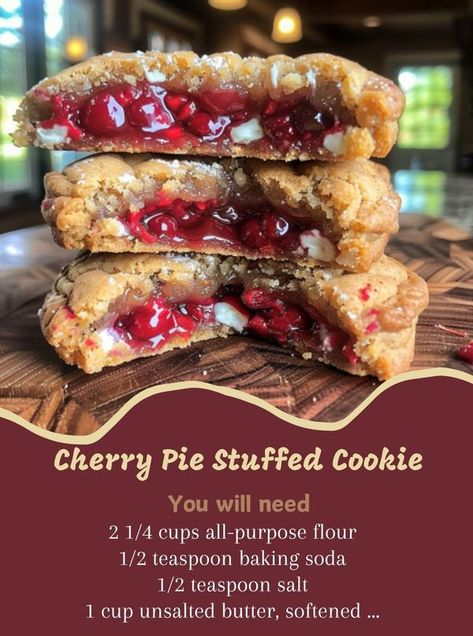 𝗖𝗵𝗲𝗿𝗿𝘆 𝗣𝗶𝗲 𝗦𝘁𝘂𝗳𝗳𝗲𝗱 𝗖𝗼𝗼𝗸𝗶𝗲... - Grandma's Kitchen Cherry Pie Stuffed Cookies, Pie Filling Cookies, Stuffed Cookies Recipes, Cookie Pies, Cherry Pie Cookies, Gooey Butter, Stuffed Cookies, Gooey Butter Cake, Grandma's Kitchen