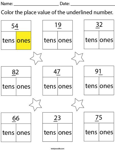 Color the place of the underlined number- 2 digit Math Worksheet - Twisty Noodle 2 Digit Division Worksheets, 2 Digit Division, Teaching Aids For Maths, Grade 1 Lesson Plan, Worksheet For Class 2, Train Crafts, Place Value Worksheets, Division Worksheets, Math Addition Worksheets