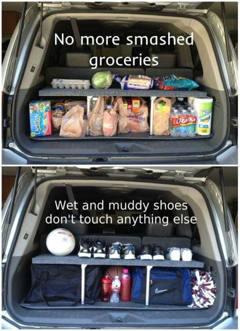 Hack your SUV's trunk space by making it double-decker. This DIY shelf helps organize cargo, and folds up when not in use.  See more at Instructables » Car Organization, Organizing Hacks, Organisation Hacks, Trunk Organization, Car Hacks, Diy Life Hacks, Diy Car, Car Storage, Diy Shelves