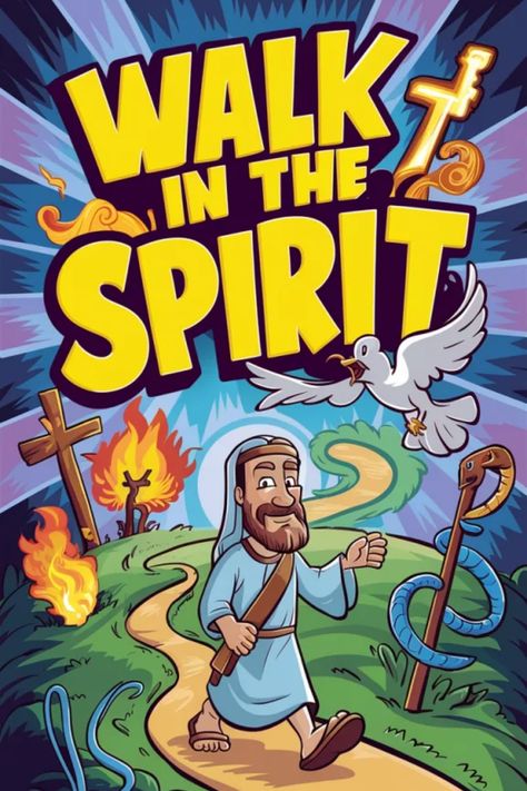 Person walking along a path with a bird, a cross, flames, and snakes in the surrounding landscape; text reads "Walk in the Spirit". Colossians 1 10, Faith In Action, Spiritual Maturity, Abide In Christ, Purposeful Living, Biblical Principles, Doers Of The Word, The Fruit Of The Spirit, Productive Life