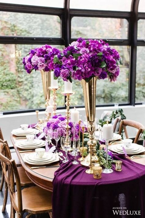 Purple Princess ~ WedLuxe Magazine Elegant Tablescapes, Tall Flower Vase, Purple Wedding Decorations, Purple And Gold Wedding, Purple Princess, Purple Wedding Theme, Gold Wedding Theme, Lilac Wedding, Purple Party