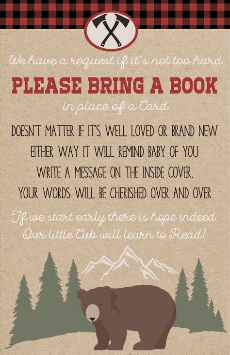 Instant download Lumberjack Camping Baby Shower Book Insert Card. Your will receive 2 PDFs 1 with 4 formatted to an 8.5x11 inch page and 1 with 8 formatted to an 8.5x11 inch page. HOW TO CHECK OUT: 1. Place your order and submit payment. 2. This is an instant download. After order has been paid, you may click on the icon and download your files. MATERIALS YOU WILL NEED: - Color Printer with ink or you may print at Staples, Office Max, etc. - Paper - for most items we recommend using 110# white card stock paper,  8.5 x 11 inches. - Scissors or a paper trimmer IMPORTANT TO KNOW: Our listings are for digital files only. No physical items will be mailed. Because our products are digital, we do not offer refunds. We will correct any mistakes made on our part, but we cannot offer a cash refund. Camp Baby Shower Ideas, Happy Camper Baby Shower Theme, Camping Themed Baby Shower Ideas, Camping Baby Shower Ideas, Camping Theme Baby Shower Ideas, Wilderness Baby Shower Ideas, Lumberjack Baby Shower Theme, Woodsy Baby Shower Ideas, Little Camper Baby Shower