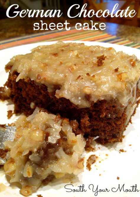 German Chocolate Sheet Cake | South Your Mouth | Bloglovin’ German Chocolate Sheet Cake, Chocolate Sheet Cake Recipe, German Chocolate Cake Recipe, Pumpkin Rolls Recipe, Chocolate Sheet Cake, Fudge Frosting, Sheet Cake Recipes, Pumpkin Roll, German Chocolate Cake