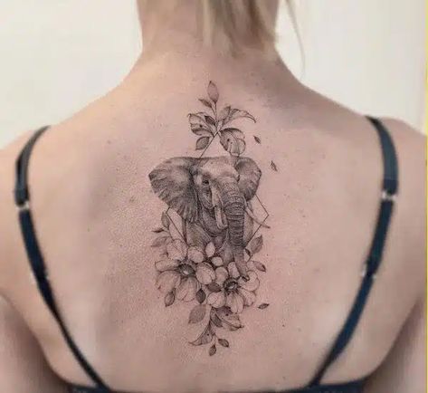 Creative Elephant Tattoos, Elephant Tattoos With Flowers Half Sleeves, Elephant Back Tattoo, Back Tattoo Designs For Women, Dainty Tats, Back Tattoos For Women, Back Tattoo Designs, Mandala Elephant Tattoo, Cute Elephant Tattoo