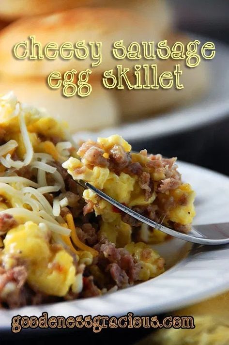 Cheesy Sausage Egg Skillet - GOODEness Gracious Sausage Breakfast Skillet, Sausage Skillet Recipe, Go To Recipes, Breakfast Skillet Recipes, Egg Skillet, Recipes Sausage, Breakfast Skillet, Skillet Dishes, Skillet Recipes