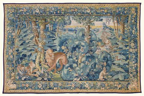 A Flemish large leaf wild park tapestry, probably Oudenaarde, circa 1560-1600 woven with a lion, lioness, monkey and horse within exuberant large leaf plants within a landscape setting, within a four-sided fruiting and foliate border with allegorical figures in the lower corners of the border, with a narrow outer double scrolling border, with blue outer selvedge, Medieval Tapestry, Aubusson Rugs, Forest Background, Tapestry Art, Creative Hobbies, Tapestry Weaving, 17th Century, 18th Century, Wall Tapestry