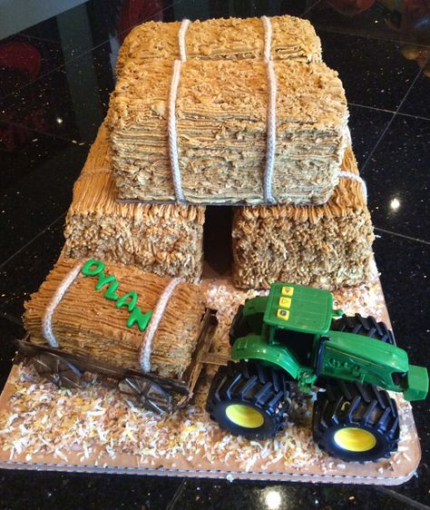 Tractor Birthday Party Cake, Hay Bale Cake, Tractor Cake, Tractor Birthday Party, Farm Themed Birthday Party, Tractor Birthday, Hay Bales, Farm Birthday, Cookie Designs