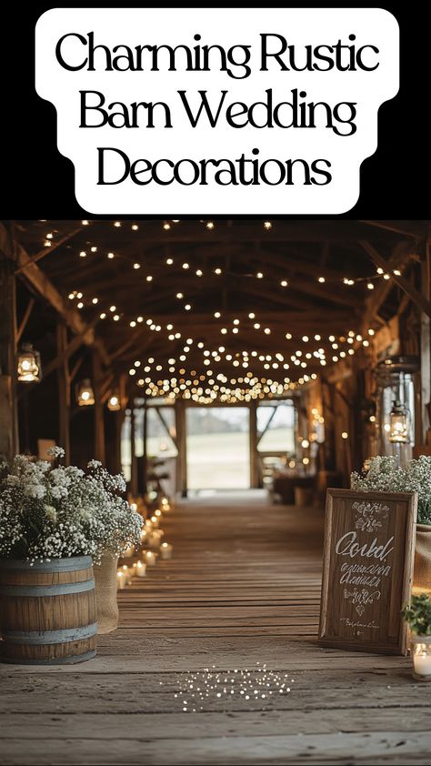 Charming rustic barn wedding decorations featuring wooden signs, burlap accents, string lights, and vintage details with earthy tones and greenery for a cozy and romantic celebration. Wedding Rustic Decoration Indoor, Head Table Rustic Wedding, Romantic Vintage Wedding Decorations, Rustic Diy Wedding Decorations, Country Western Wedding Decorations, Pole Barn Wedding, Country Chic Wedding Decor, Earthy Wedding Decor, Classy Barn Wedding