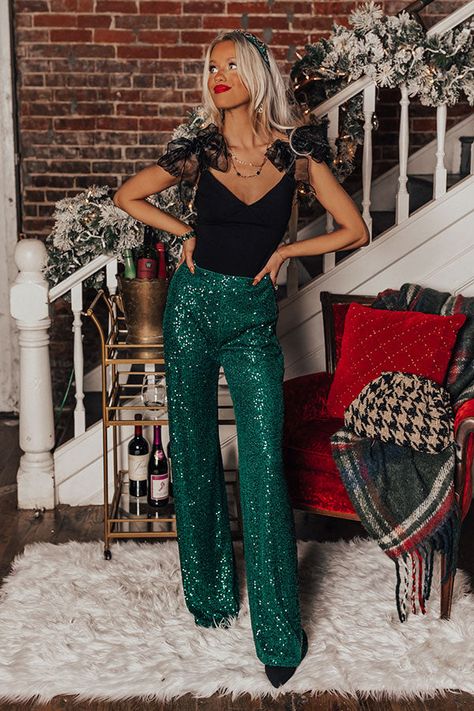 Sparkle In The City High Waist Sequin Pants In Hunter Green • Impressions Online Boutique High Waisted Sparkle Pants, Sequence Pants Outfit Holiday Parties, Green Sequin Pants, Sequin Christmas Outfit, Green Sequin Pants Outfit, Sequin Flare Pants Outfit, Sequin Pants Outfit Night Out, Silver Sequin Pants Outfits, Sequin Pants Outfit Holiday