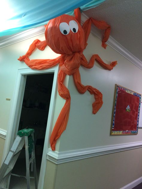 Sea Vbs Decorations, Scuba Vbs Bulletin Board, Deep Sea Theme Party, Vbs Diy Decorations, Vacation Bible School Decoration Ideas, Breaker Rock Beach Vbs 2024 Recreation, Under Water Vbs Decorating Ideas, Vbs Underwater Decorations, Breaker Rock Beach Vbs Door Decoration