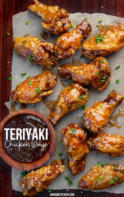 Teriyaki Chicken Wings spread out on a piece of parchment, with a bowl of extra teriyaki dipping sauce. Teriyaki Wings Recipe, Juicy Turkey Recipe, Melting Potatoes Recipe, Melting Potatoes, Roasted Duck Recipes, Teriyaki Wings, Teriyaki Chicken Wings, Wings In The Oven, Juicy Baked Chicken