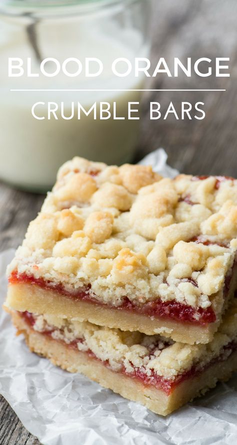 BLOOD ORANGE CRUMBLE BARS ~ delicate vanilla bean shortbread bars filled with a tangy blood orange jam ~ | breakfast | Dessert | Citrus Jam | Coffee Cake | Blood Orange Dessert Recipes, Slovenia Recipes, Blood Orange Dessert, Orange Crumble, Shortbread Crumble, Orange Recipes Dessert, Blood Orange Recipes, Bar Desserts, Citrus Desserts