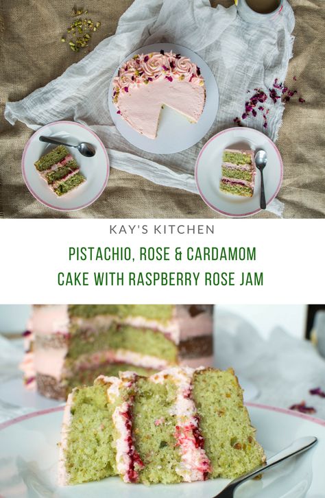 Fun Cakes Recipes, Lemon Cardamom Cake, Strawberry Pistachio Cake, Cottagecore Dessert Recipes, Rose Dessert Recipes, Spring Time Meals, Herb Cake, Cardamom Pistachio Cake, Spring Birthday Cakes