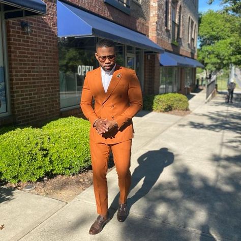 RichMenLooks on Instagram: “Please let us know how you feel about our Spring suits. This burnt orange is 🔥 . He’s wearing size: 40R/34W . . . . Atlanta:📍1281 Dahlgren…” Orange Prom Suit, Peplum Top Diy, Burnt Orange Suit, Foreign Wedding, Tan Suits, Orange Suit, Tan Suit, Top Diy, Spring Suit