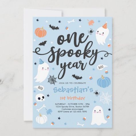 $3.08 | One Spooky Year Cute Halloween Ghost 1st Birthday | Halloween Birthday Invitations | halloween, halloween birthday, halloween party, halloween ghost party, ghost birthday party, cute ghost party, halloween 1st birthday, spooky one birthday, boy halloween party, one spooky year Spooky One Birthday Party, Halloween Baby Birthday, Spooky One Birthday, Halloween First Birthday, Halloween 1st Birthdays, Halloween Themed Birthday Party, Spooky One, Cute Halloween Ghost, Halloween Birthday Invitations