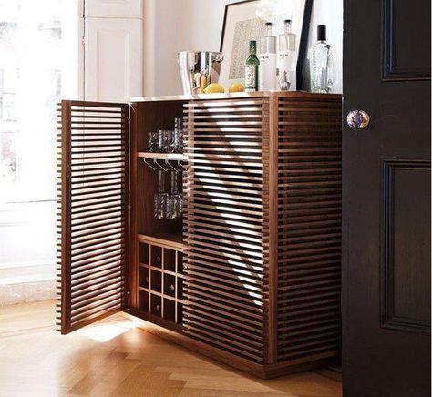 minimalist-small-bar-furniture - Home Decorating Trends - Homedit Wine Bar Design, Modern Bar Cabinet, Credenza Design, Ligne Roset, Modern Bar, Retail Furniture, Design Within Reach, Bar Cabinet, Wood Slats