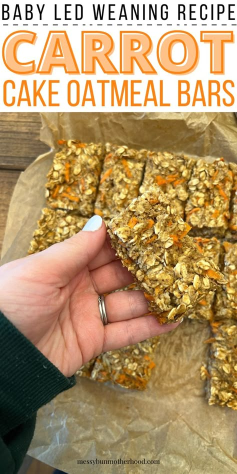 woman's hand holding carrot cake oatmeal bars Carrot Breakfast, Carrot Bars, Carrot Oatmeal, Clean Dinner Recipes, Carrot Cake Bars, Oatmeal Breakfast Bars, Carrot Cake Oatmeal, Homemade Snickers, Baby Led Weaning Recipes