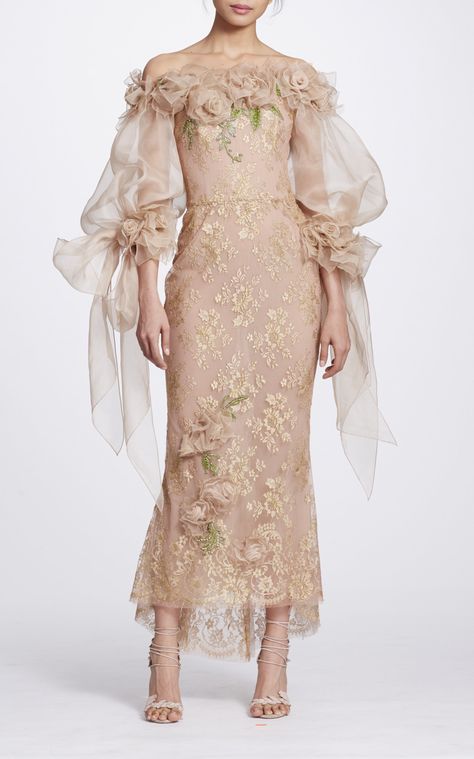 Off the Shoulder Tea Length Dress by MARCHESA for Preorder on Moda Operandi Chic Dress Style, Brokat Kebaya, Metallic Lace Dress, Dress Pesta, Tea Length Dress, Kebaya Dress, Boho Chic Dress, فستان سهرة, Tea Length Dresses