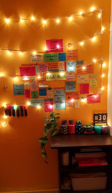 Neet Aspirant Study Table Decor, Room Decor For Neet Aspirant, Study Table Quotes, Asethic Room Decorations, Aesthetic Study Table Decor, Study Table Wall Decor, Sticky Notes Wall Decor, Bedroom Ideas Indian Style, Simple Bedroom Ideas Indian