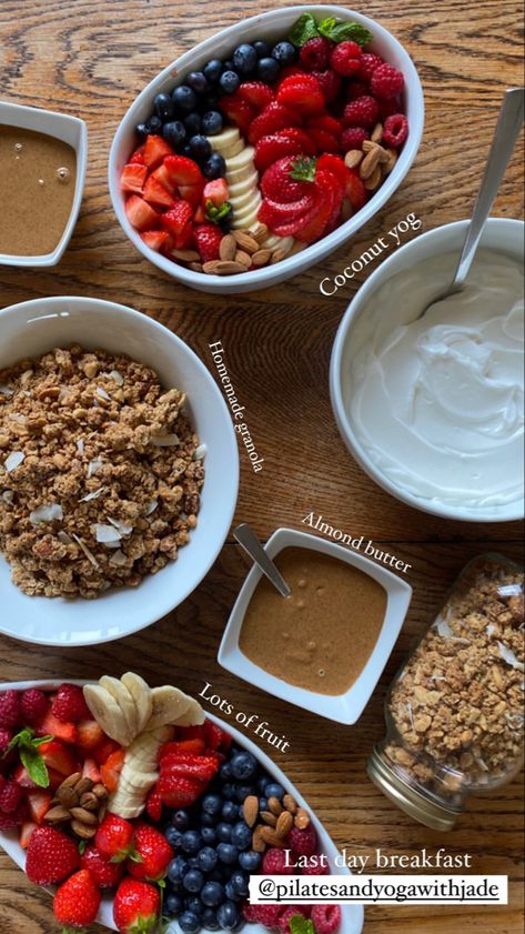 Homemade granola, coconut yogurt, and fruit platters arranged together on a wooden table for a breakfast spread Homemade Granola With Coconut, Plant Based Breakfast Ideas, Retreat Food, Breakfast Spread, Granola Breakfast, Plant Based Breakfast, Whole Food Diet, Coconut Yogurt, Homemade Granola