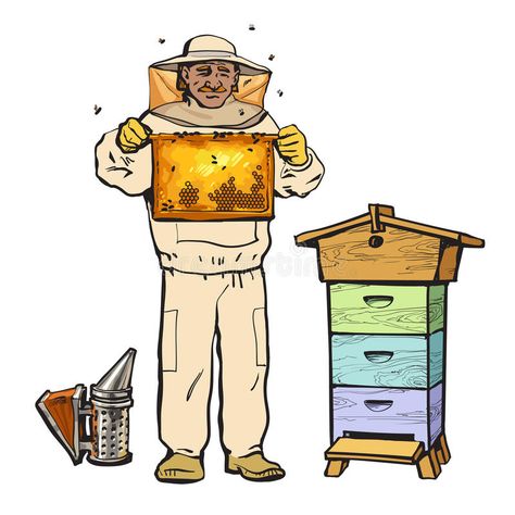 Beekeeper in protective gear holding honeycomb and smoker. Beekeeper in protecti #Sponsored , #affiliate, #Sponsored, #protective, #smoker, #protecti, #gear Beekeeper Drawing, Beekeeper Illustration, Smoker Illustration, Bee Hive Illustration, Beekeeper Art, Farm Cartoon, Bee Traps, Beekeeping Suit, Baby Food Jar Crafts