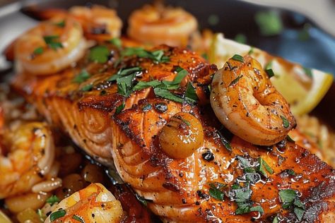 Try this spicy Cajun salmon and shrimp recipe! A flavorful one-pan meal with peppers, garlic, and lemon, perfect for seafood lovers. Spicy Cajun Salmon And Shrimp Delight, Cajun Salmon And Shrimp, Shrimp Delight, Cajun Salmon, Salmon And Shrimp, Lemon Salmon, Sweet Bell Peppers, Salmon Seasoning, Frozen Shrimp