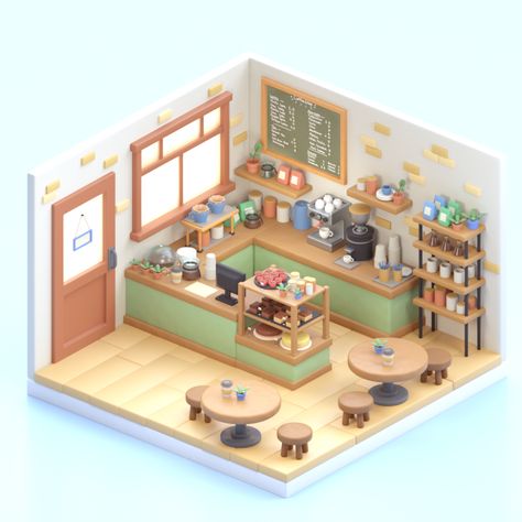 Cosy Coffeeshop on Behance Cafe Isometric, Low Poly Interior, Isometric Rooms, Blender Inspiration, Anime Houses, Blender Art, Isometric Room, Grease Pencil, Blender Models