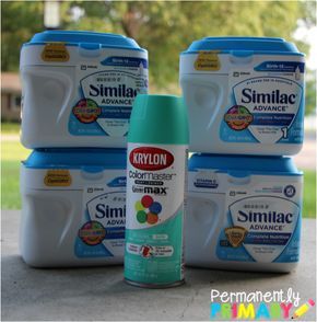 Permanently Primary: Using Formula Canisters for Storage Grab as many formula canisters as you can or need. Select your color spray paint. Repurposed Formula Containers, Reuse Formula Containers, Formula Can Crafts, Baby Formula Containers, Container Crafts, Formula Containers, Reuse Containers, Baby Food Jar Crafts, Baby Food Containers