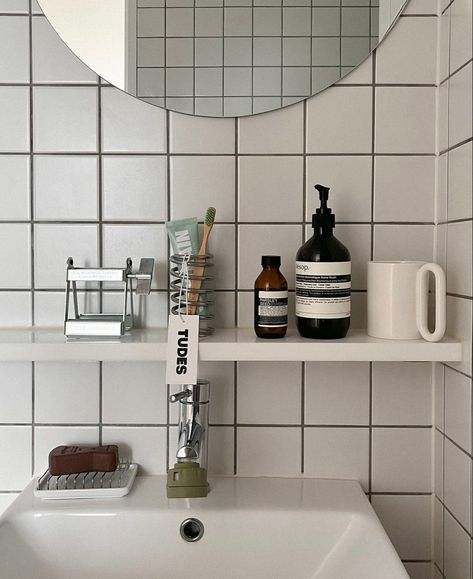 Minimal Apartment Bathroom, Earth Tone Bathroom Colors, Small Nyc Bathroom, Aesop Skincare, Lamp Bathroom, Rental Bathroom, Chrome Bathroom, February 8, Apartment Inspiration