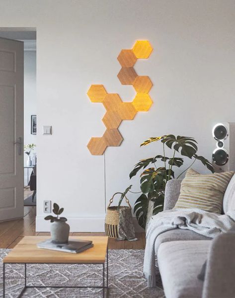 Nanoleaf Designs, Cosy Fireplace, Wood Hexagon, Art Deco Table Lamp, Light Panels, Smart Lights, Art Deco Table, World Of Interiors, Smart Lighting