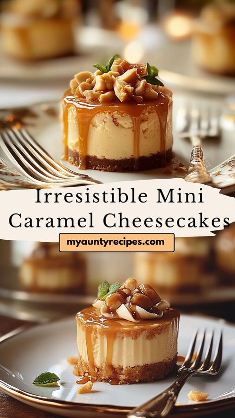 Indulge in these mini caramel cheesecakes, an ideal fall dessert! Each creamy cheesecake is topped with a sweet caramel drizzle, bringing a cozy autumn flavor to every bite. Perfect for holiday gatherings, these mini treats are sure to impress your guests. Mini Caramel Cheesecake Recipes, Mini Cheesecake Christmas, Holiday Cheesecake Recipes Christmas, Mini Cheesecakes Christmas, Mini Christmas Cheesecakes, Desserts To Bring To A Party, Mini Salted Caramel Cheesecake, Christmas Mini Cheesecakes, Individual Desserts For Parties