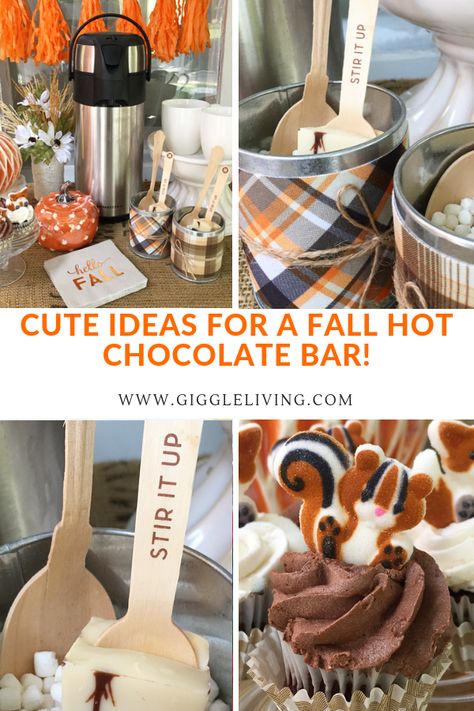 Simple, fall inspired ideas for creating a darling hot chocolate bar! #fall #hotchocolate #autumideas #partyfood #partytheme #partyideas #kidsparty #cocoabar Fall Wedding Hot Chocolate Bar, Hot Cocoa Bar For Fall, Hot Chocolate Bar For Fall, Fall Cocoa Bar Ideas, Autumn Hot Chocolate Station, Fall Hot Cocoa Bar Ideas, Hot Cocoa Bar Fall, Thanksgiving Hot Cocoa Bar, Thanksgiving Hot Chocolate Bar