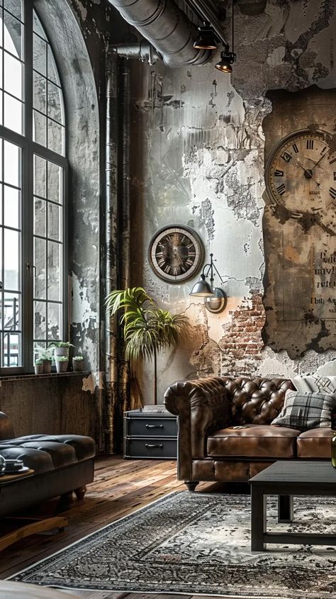 Embrace the Urban Chic: Exploring Industrial Living Room Styles - Decoholic Urban Chic Aesthetic, Steampunk Living Room, French Industrial Decor, Industrial House Design, Mens Decor, Industrial Cottage, Deco Loft, Steampunk Interior, Industrial Style Living Room