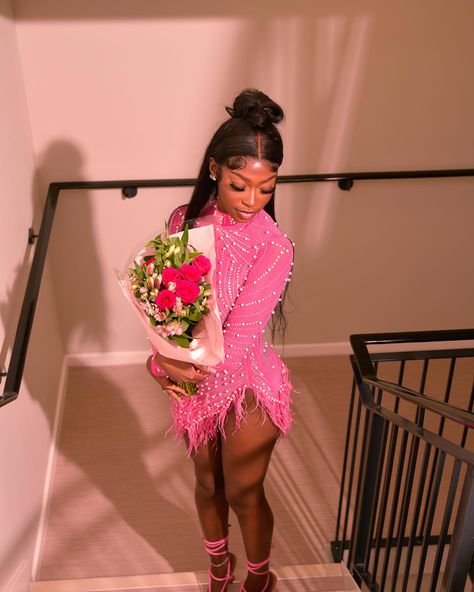 Pink And White Dinner Outfit, Pretty Tina Dress, 21st Birthday Pink Outfits, Sweet 16 Dinner Dress, Long Sleeve Birthday Dress Black Women, Birthday Outfits For February, Pink Birthday Dress Aesthetic, All Pink Birthday Party Outfit, Birthday Outfit Pink Dress