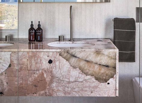 Natural Stone Quartzite Benchtops - CDK Stone Pink Patagonia Quartzite, Natural Stone Benchtop, Quartzite Shower Walls, 1955 Bathroom, Quartzite Bathroom Countertops, Stone Benchtop Kitchen, Kitchen Top Stone, Pink Quartzite, Titanium Granite