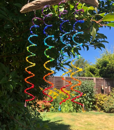 Chakra Rainbow Colour Beaded Wind Chime Spirals and - Etsy UK Rainbow Colour, Diy Wind Chimes, Crystal Suncatchers, Lisa Frank, Gifts For An Artist, Wind Chime, Beads And Wire, Wedding Basket, Sun Catcher