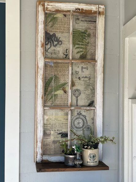 How to Upcycle a Window into Porch Decor – Roycycled Treasures Decoupage Windows Ideas, Old Windows Repurposed Decor, Old Windows Repurposed, Vintage Window Decor, Old Window Crafts, Plant Ledge, Reverse Decoupage, Old Window Decor, Decoupage On Glass