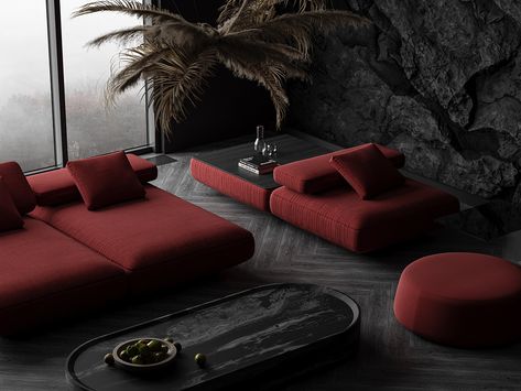 Behance'te carmine Billiards Room Decor, Brutalist Furniture, Banquette Seating In Kitchen, Wabi Sabi Interior, Luxury Sofa Design, Dark Living Rooms, Red Details, Architecture Model House, Style Living Room