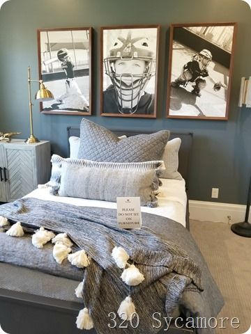 Blue Boys Room, Baseball Themed Bedroom, Man Home Decor, New Home Ideas, Boys Bed, Sports Room Boys, Boys Room Blue, Boy Sports Bedroom, Photo Sport