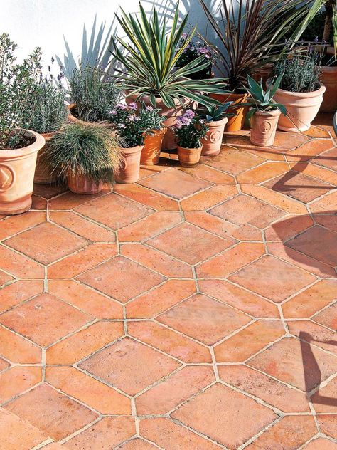 Terracotta Patio, Concrete Bed, Spanish Patio, Garden Patios, Patio Pictures, Villa Garden, Porch Floor, Renovation Inspiration, Garden Floor