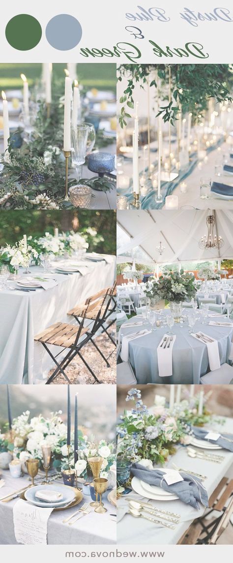 Wedding With Dusty Blue, Green Table Settings, Blue Green Wedding, Blue Themed Wedding, Blue Wedding Flowers, Sage Green Wedding, Dusty Blue Weddings, Green Table, Wedding Theme Colors