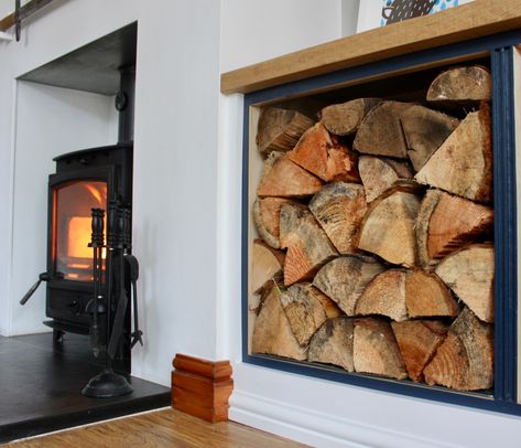 Logs In Alcove, Shelving Alcove, Log Store Indoor, Alcove Bar, Firewood Ideas, Lounge Fireplace, Alcove Seating, Woodburning Stove Fireplace, Firewood Storage Indoor