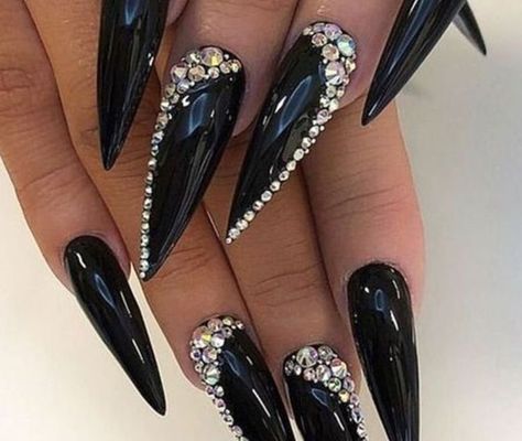 Black Nails With Glitter, Black Stiletto Nails, Press Nails, Luxury Press On Nails, Goth Nails, Nails Design With Rhinestones, Bling Acrylic Nails, Glam Nails, Nail Designs Glitter