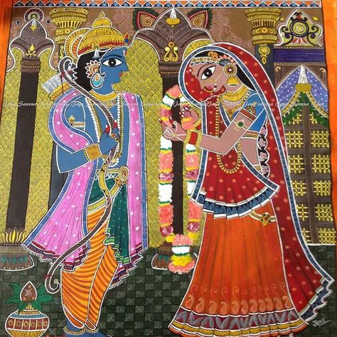 images of ram sita swayamvar in indian falk arts - Yahoo India Image Search results Ram Vivah, Sita Swayamvar, Ram Sita, Madhubani Paintings, Sita Ram, Kerala Mural Painting, Kalamkari Painting, Indian Painting, Madhubani Art