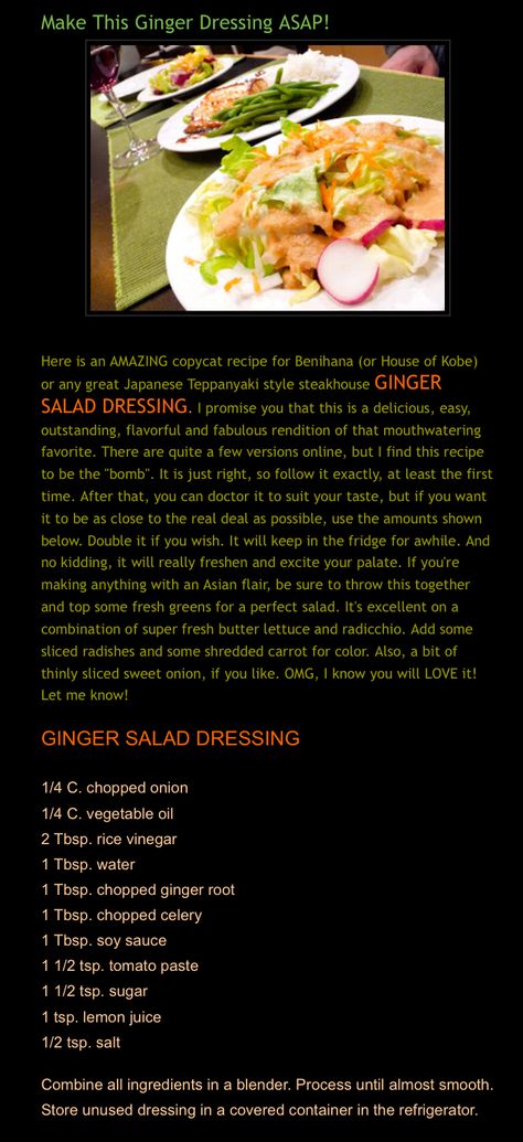 Japanese Steakhouse Salad Dressing, Hibachi Ginger Salad Dressing, Hibachi Salad Dressing, Benihana Ginger Sauce, Benihana Recipes, Japanese Ginger Salad Dressing, Ginger Salad Dressing, Outdoor Griddle Recipes, Hibachi Recipes