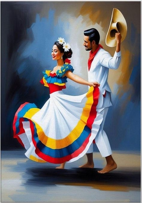 Cumbia is Colombia's national dance, one of its most representative rhythms and the source and inspiration behind much of the country's popular music.  Cumbia, just like Colombia, is a blend between European, African and indigenous cultures. It was born on Colombia's Caribbean coast where it was originally an African courtship dance that evolved with the addition of African, European and indigenous instruments and indigenous dance steps.  Transport cost: free of charge. Printed with HP Latex Ink Cumbia Dancing, Colombian Dance, Dance Mexican, Colombia Culture, Indigenous Dance, Colombia Poster, Colombia Art, Mexican Art Painting, Latina Aesthetic